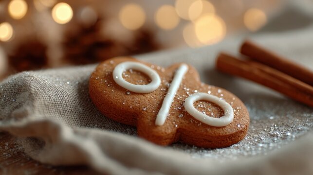christmas discount gingerbread percent cookie – cozy festive mood, macro bokeh style, crafted dessert symbol for holiday sale marketing, retail promotion, ecommerce banner and social