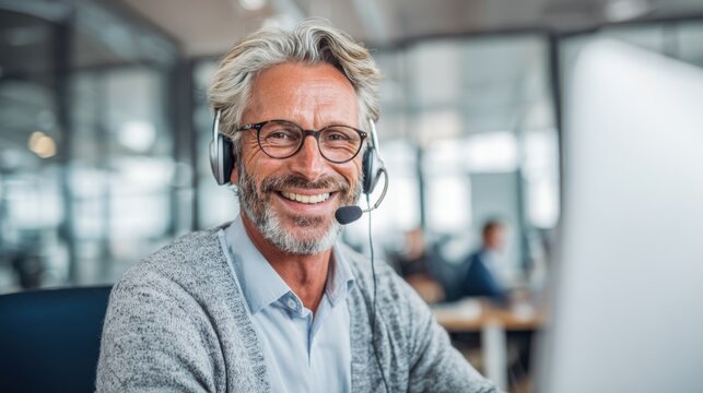 A man wearing glasses and a headset is smiling while sitting at a desk. He is wearing a blue shirt and gray sweater