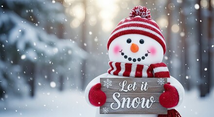 A cheerful snowman stands amidst a picturesque winter wonderland, with a welcoming message of Let it Snow. It is a whimsical scene of winter delight.