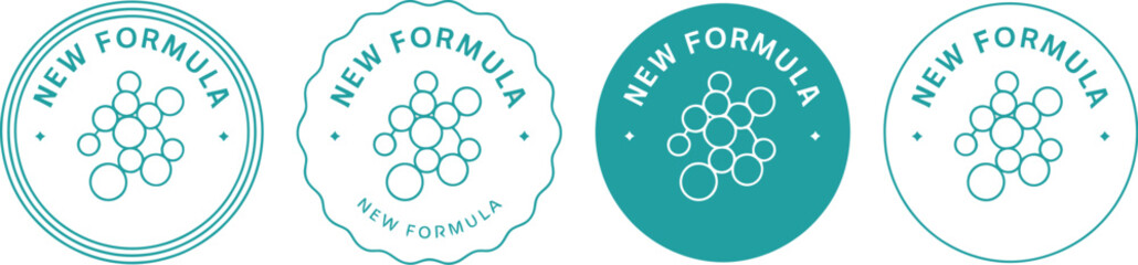 New Formula Product Label Seals with Molecular Structure Icon in Teal and White for Health, Cosmetic, and Pharmaceutical Innovation
