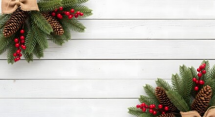 Festive christmas evergreen branches with pine cones and red berries adorn a rustic white wooden background