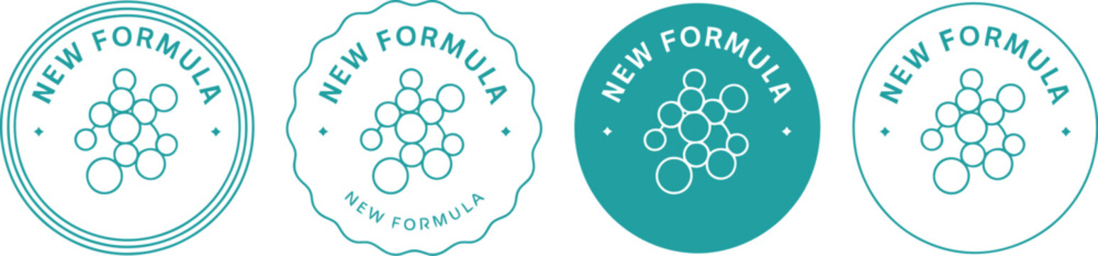 New Formula Product Label Seals with Molecular Structure Icon in Teal and White for Health, Cosmetic, and Pharmaceutical Innovation