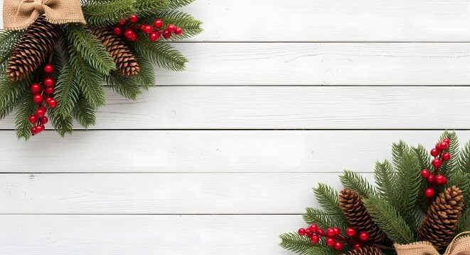 Festive christmas evergreen branches with pine cones and red berries adorn a rustic white wooden background - Powered by Adobe
