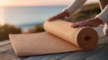 Yoga on the beach – hands gently unrolling a cork mat at sunrise, calm lifestyle scene in natural light, promoting mindful wellness, outdoor fitness, and eco-friendly practice by the
