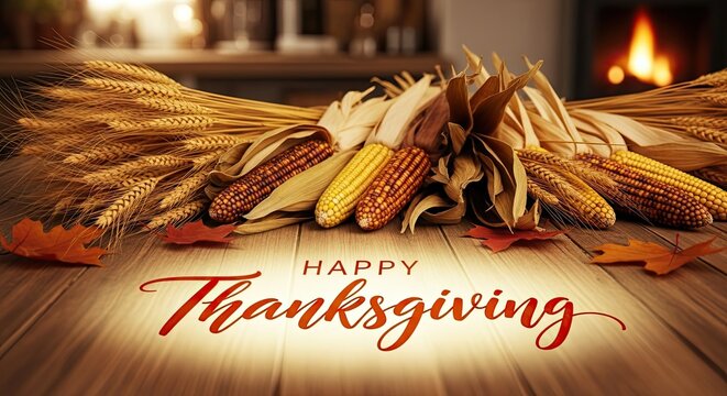 An autumnal Thanksgiving scene evokes a sense of warmth and abundance, featuring corn, wheat, and autumn leaves artfully arranged, set against the backdrop of a cozy fireplace and wooden surface.