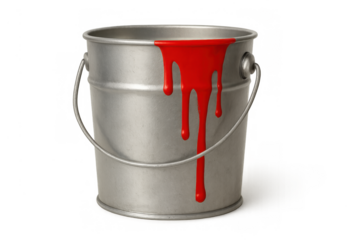 Red paint dripping down side of metal bucket, a splash of liquid color creating a mess, creative renovation concept