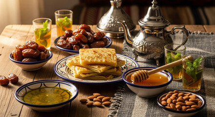 Moroccan Market Breakfast: Msemen Pancakes, Dates, Mint Tea, Honey, and Almonds