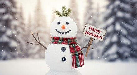 A charming snowman, adorned with a festive scarf and holding a Happy Holidays sign, brings holiday cheer. Set against a snowy backdrop.