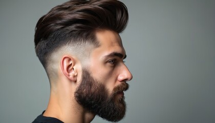 Obraz premium Profile portrait of handsome man with stylish modern haircut and full beard. Male model poses in studio. Pro barber does fade haircut. Facial hair grooming creates masculine image.