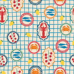 lobster, sea shell, ocean, marine, summer beach, coastal, tropical seamless pattern background, print, pattern, greeting card, banners, web, wrapping paper, fashion, fabric, textile, wallpaper, cover