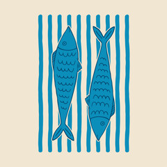 hand drawn sardines, vector illustration, print, seamless pattern, trendy, fashion, textile, fabric

