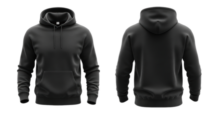 Black hooded sweatshirt front and back view isolated on a transparent background black hoodie hooded top