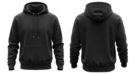 Black hooded sweatshirt front and back view on a black background isolated on a transparent background
