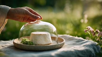 Cheese under glass dome lifted by hand, calm outdoor picnic in golden light, rustic farmhouse style for culinary branding, restaurant menu design, and farm-to-table marketing