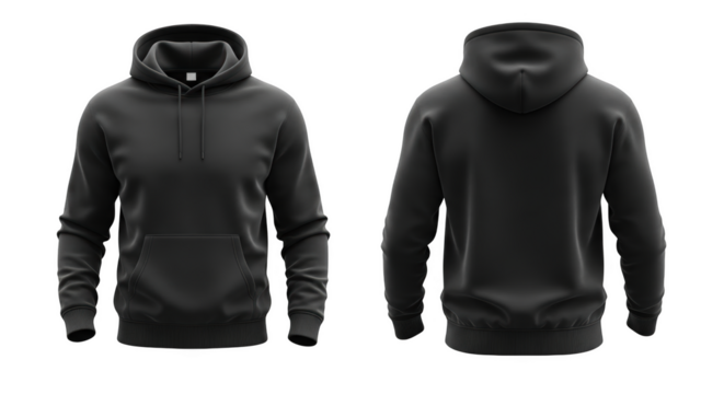 Black hooded sweatshirt front and back view isolated on a transparent background black hoodie hooded top