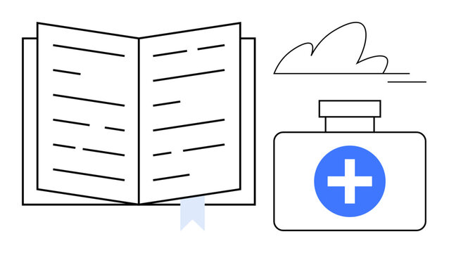 Open book with bookmark alongside first aid kit displaying a medical cross, symbolizing health awareness and learning. Ideal for education, healthcare, safety, emergency planning, self-improvement