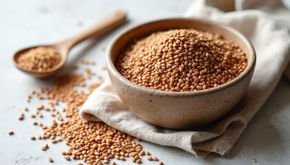 Brown ceramic bowl filled with raw flaxseeds sits on light textured surface. Wooden spoon with seeds rests nearby. Seeds spill onto white table, linen cloth, showing healthy ingredients for cooking,