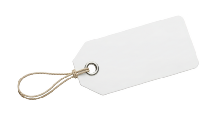 Blank white rectangular tag with rounded corners and a metal grommet attached with twine isolated on a transparent background