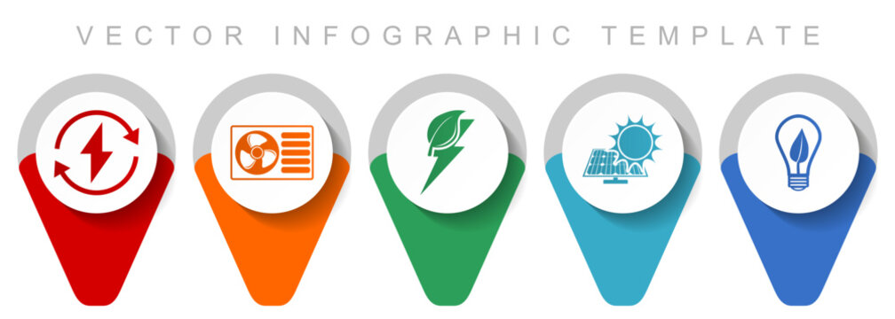 Flat vector infographic template with renewable energy icons &mdash; solar panel, green power, heat pump, and eco light bulb design for clean energy and sustainability concepts.