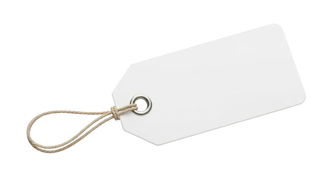 Blank white rectangular tag with rounded corners and a metal grommet attached with twine isolated on a transparent background