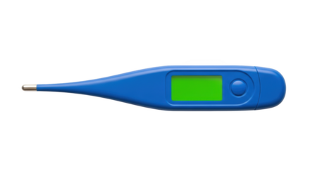 Blue digital thermometer with green screen display and silver tip isolated on a transparent background
