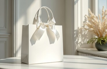 White paper shopping bag with satin ribbon bow on table. Elegant gift package for luxury purchase present. Blank surface for mockup branding in sunlit room. Clean concept for retail celebration,