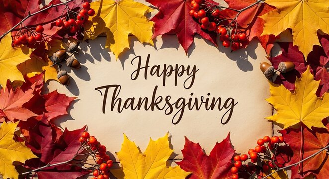 A vibrant Thanksgiving display of autumnal colors, a heartwarming invitation to celebrate gratitude and abundance with rich reds and yellows and warm festive charm.