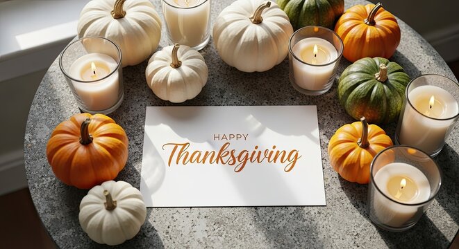 An inviting Thanksgiving scene: pumpkins, candles and a festive card create a warm, autumnal atmosphere of gratitude. 