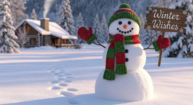A cheerful snowman welcomes winter with festive greetings amidst a snow-covered landscape. A cozy cabin nestled among snow-covered trees completes the enchanting scene.