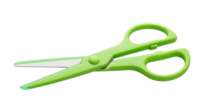 Bright green plastic handled scissors with silver blades isolated on a transparent background cutting tool