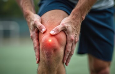 Athlete holds painful knee, showing red inflammation and discomfort. Sport injury symptom, joint pain, muscle ache, possible meniscus tear. Hurt leg after running.
