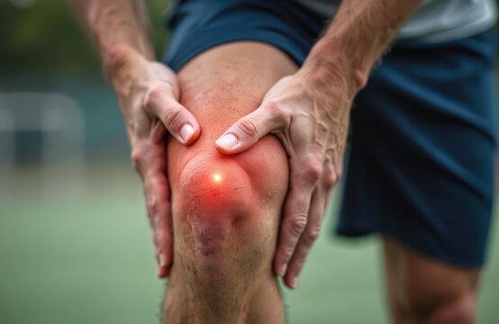 Athlete holds painful knee, showing red inflammation and discomfort. Sport injury symptom, joint pain, muscle ache, possible meniscus tear. Hurt leg after running.