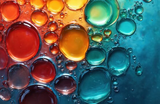 Colorful oil, water bubbles float on blue surface. Macro view shows spheres with red orange, green hues. Abstract fluid pattern forms circular shapes, small droplets for science or art concept.