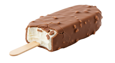 Chocolate covered ice cream bar with nuts and a bite taken out isolated on a transparent background frozen dessert
