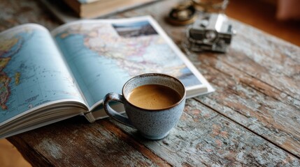 A cup of coffee sits on a table next to a map. The coffee cup is filled with dark coffee and the map is open to a page with a picture of the ocean. Concept of relaxation and wanderlust