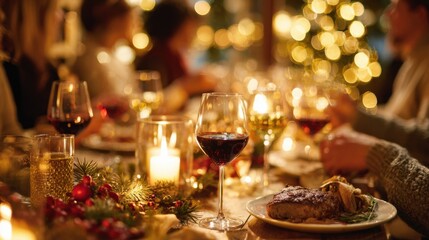A group of people are sitting around a table with a Christmas tree in the background. There are several wine glasses and wine bottles on the table, and the table is set with plates of food