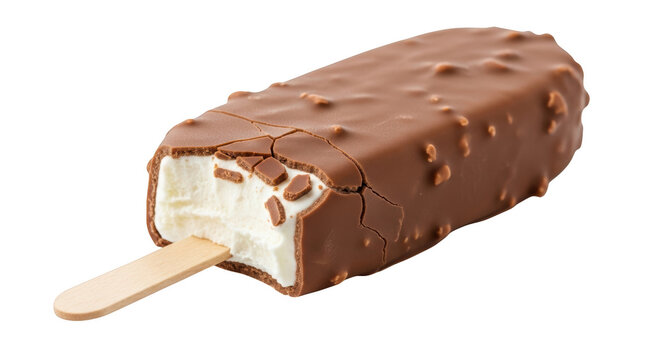 Chocolate covered ice cream bar with nuts and a bite taken out isolated on a transparent background frozen dessert
