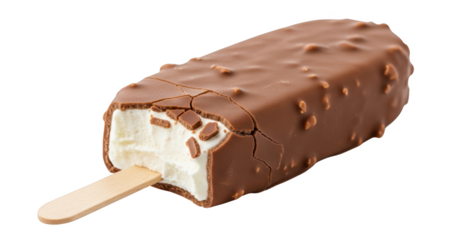 Chocolate covered ice cream bar with nuts and a bite taken out isolated on a transparent background frozen dessert
