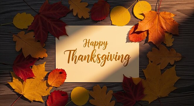 Thanksgiving Greeting Surrounded by Autumn Leaves, evoking the essence of gratitude, abundance, and the changing season. The image captures the spirit of this special day.