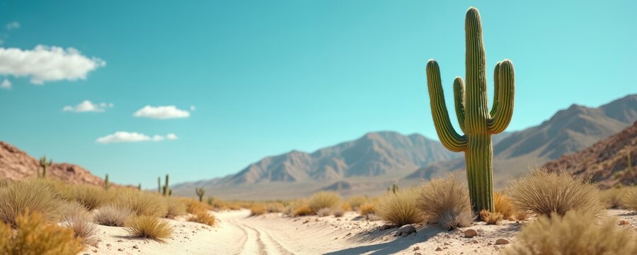 Desert landscape features tall saguaro cactus under clear blue sky with sparse clouds. Dry scrubby bushes line a sandy dirt track leading towards distant arid mountains. - Powered by Adobe