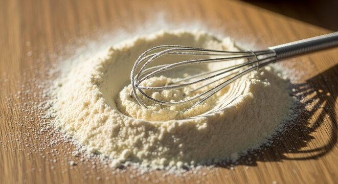 A Culinary Setup Showcasing Flour, Whisk, and Warm Light on Wooden Surface - Powered by Adobe