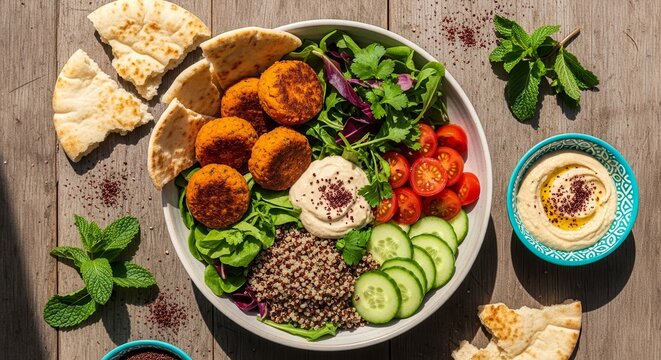 A Delicious And Colorful Falafel Bowl With Fresh Ingredients, Healthy And Appealing