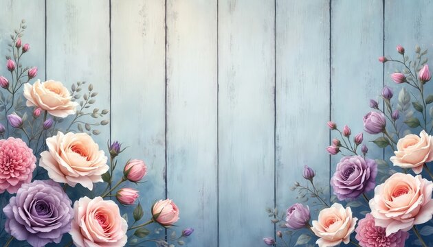 Elegant vintage floral background with delicate pastel roses, soft watercolor textures on light blue wooden panel. Roses, flowers in shades of pink, purple, peach arranged on bottom corners. Image