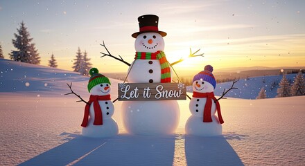 A cheerful snowman and two charming miniature snowmen standing against a snowy landscape, a sign with the words Let it Snow in the heartwarming winter scenery.