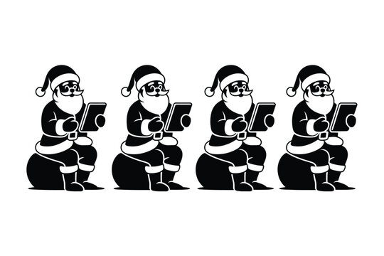 Four Santas sit on sacks and read books, a festive holiday illustration