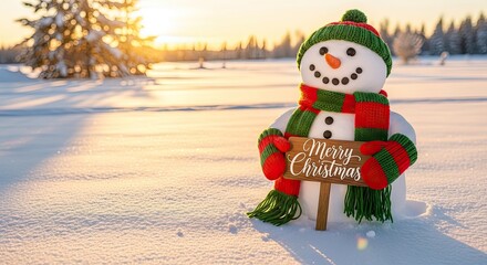 A festive snowman welcomes the holiday season in a snow-covered winter wonderland.