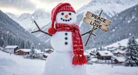 Fototapeta premium A cheerful snowman with a festive scarf and hat stands in a snowy mountain village, holding a sign of peace, radiating the magic of winter holidays.