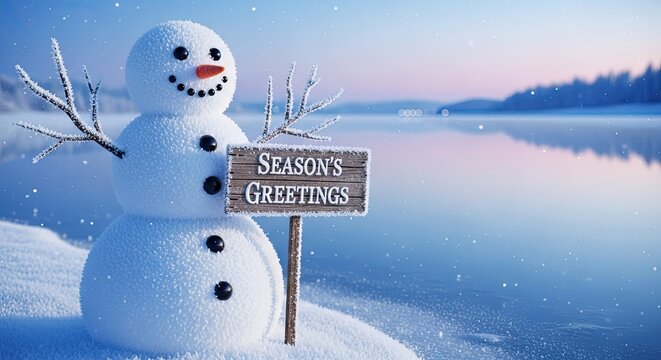 A cheerful snowman stands tall in a wintry landscape, holding a sign conveying heartfelt seasonal greetings, creating a scene of winter charm and joy. - Powered by Adobe