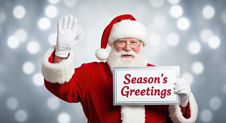 A jovial Santa Claus with a long white beard and rosy cheeks holds a sign that says Season's Greetings, radiating holiday cheer and goodwill.