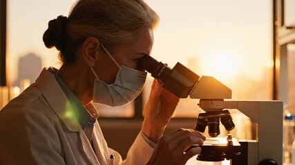 A woman examines samples under a microscope in a laboratory as the sun sets, creating a warm glow. The woman is focused on her work, highlighting the dedication needed in science. - Powered by Adobe